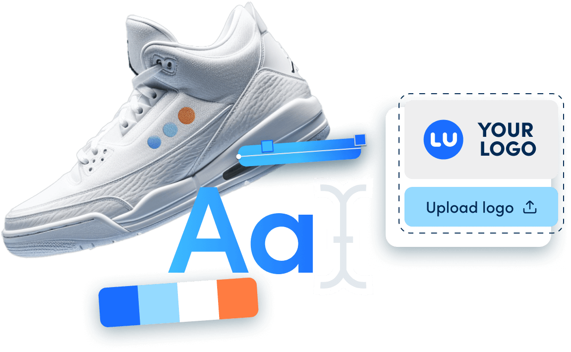 shoe with AI customizable branding for fonts, colors and logo shown