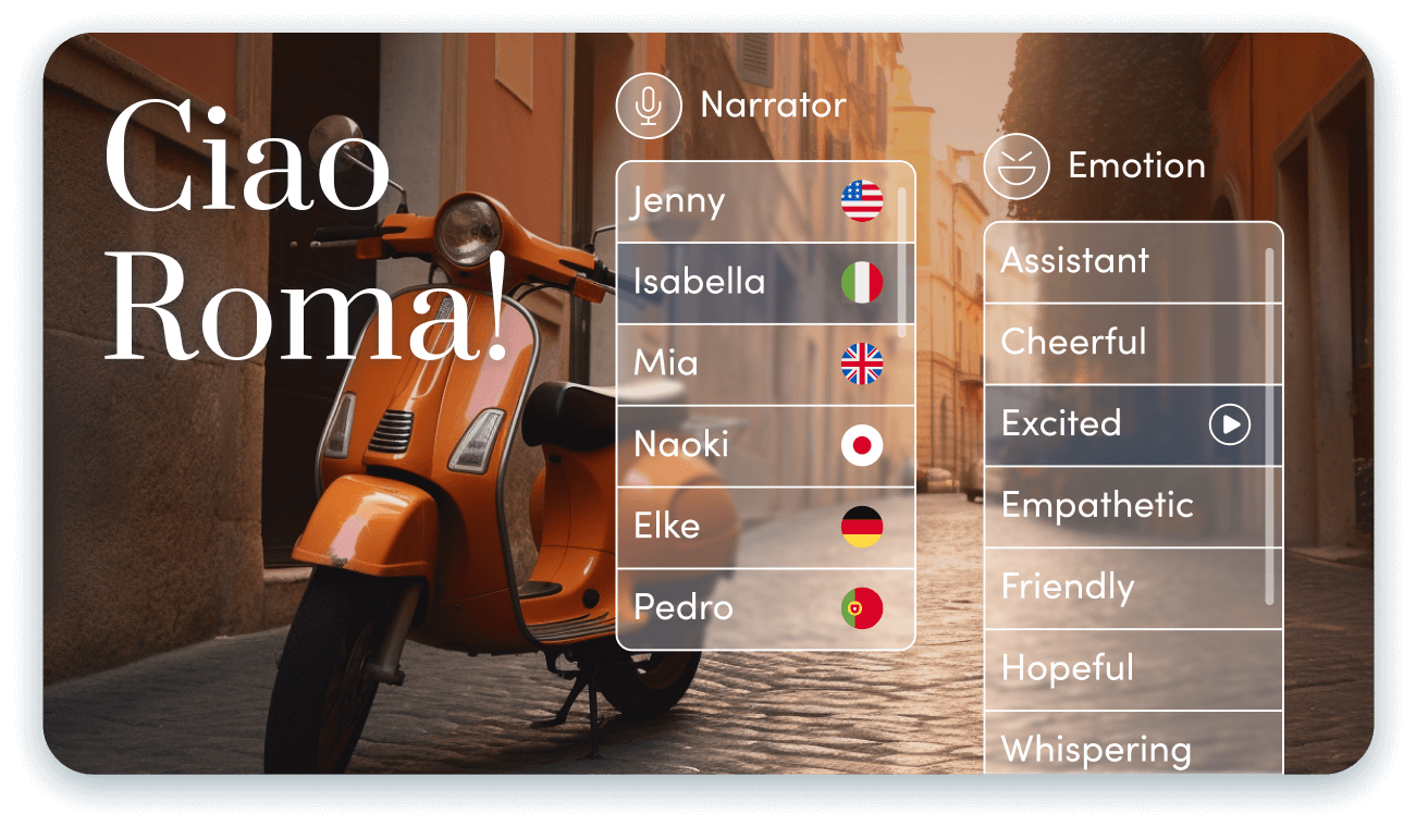 AI video thumbnail that says Ciao Roma! and shows multiple narrators and emotions available for easy edits in the AI video editor